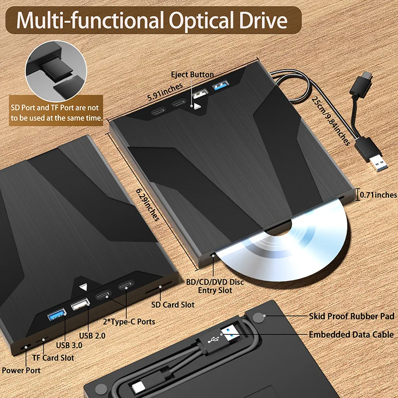 7 in 1 External Blu ray Drive with Storage Bag Sucker Type CD DVD Burner Writer Bluray Player for Laptop PC Windows 11 10 MAC OS