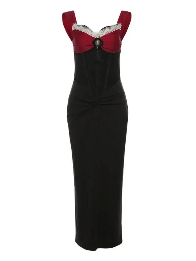 새로운 대조 색상 드레스 우아한 패션 여성스러운 스타일 어깨 끈 슬림 슬래시 넥 핫 섹시한 한국 여성 드레스 6J9X