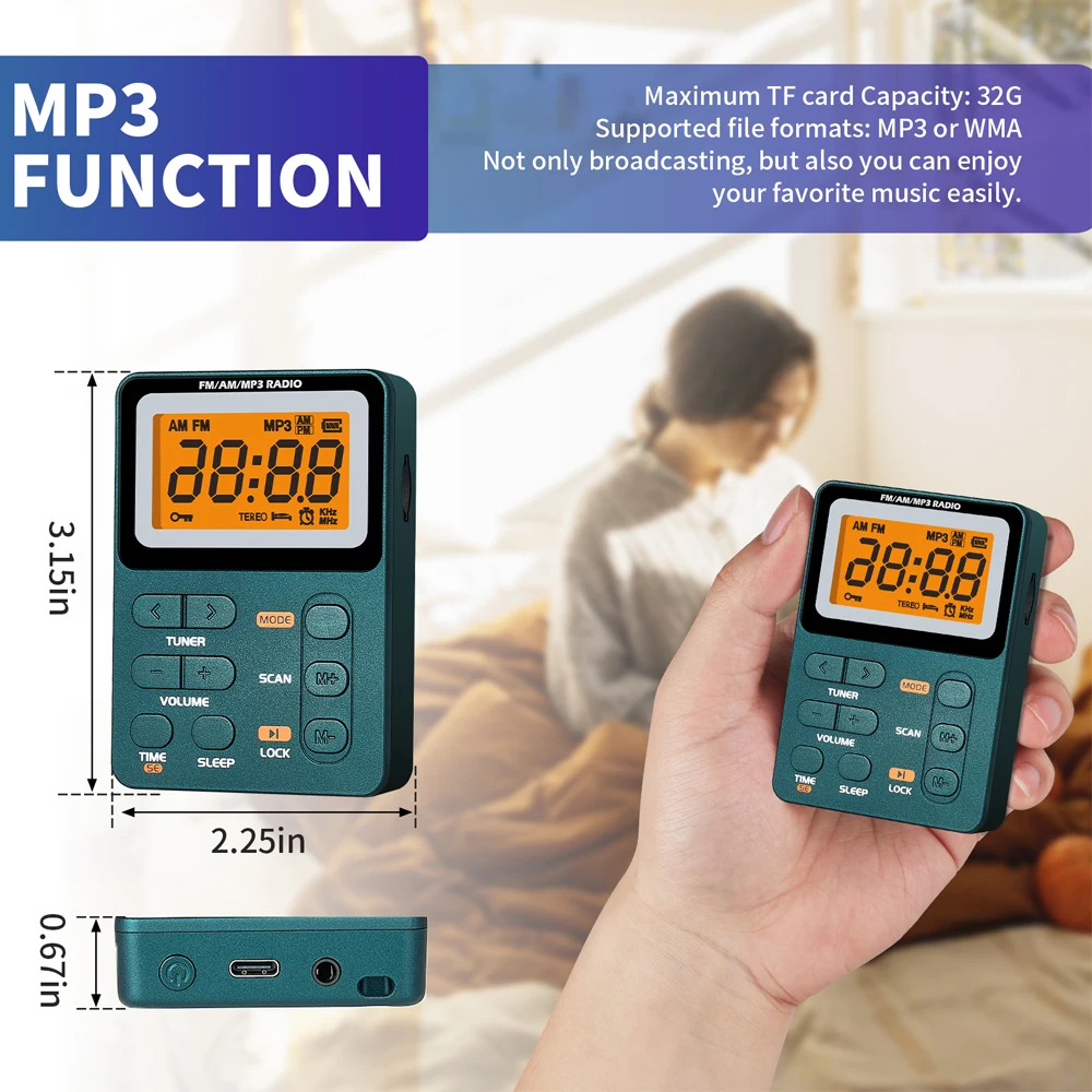 Radio de bolsillo multifuncional AM FM pantalla LED de 2,1 pulgadas Radio portátil de 2 bandas carga Micro USB conector de 3,5mm para deportes al aire libre