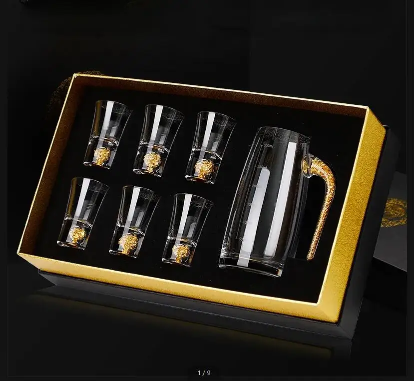 

Transparent Wine Glass Set Gift Box Water Cup Dispenser Hip Flasks Drinkware Wines Pot Wooden Pallets