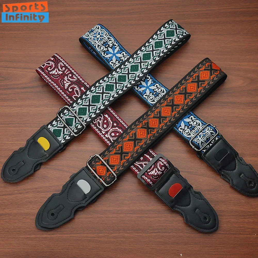 Embroidered Acoustic Guitar Straps with Pick Clips Wooden Electric Guitar Bass Strap Printed UK Straps Belt Guitar Accessories