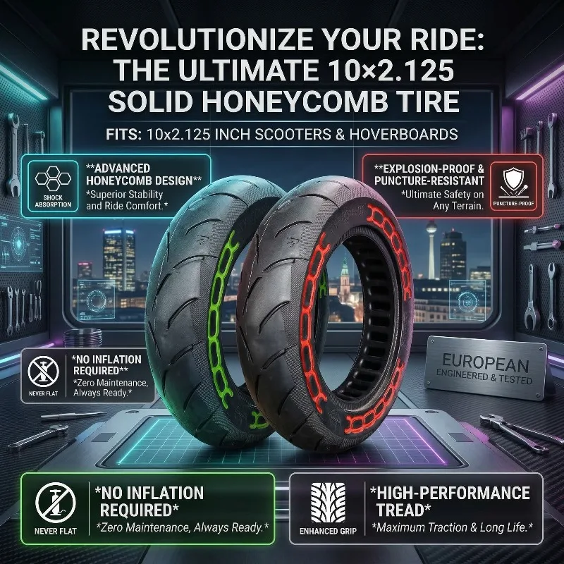 

10x2.125Solid Honeycomb Tire No Inflation Explosion-Proof Anti-Puncture Shock Absorption for 10 Inch Electric Scooter Hoverboard
