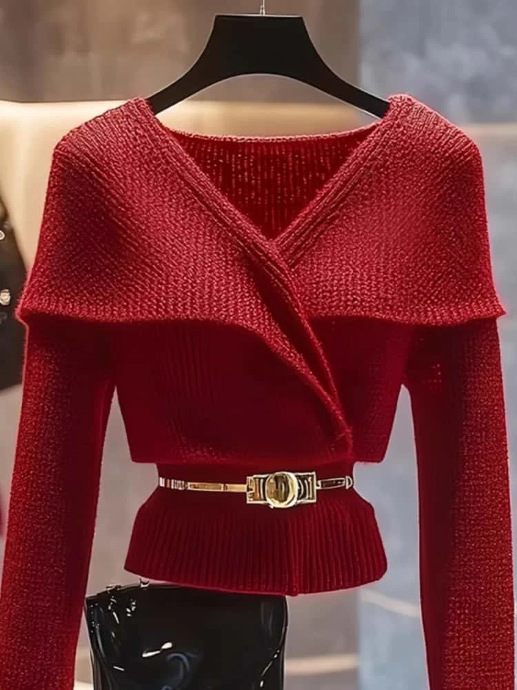 Luxury Sweater For Women V Neck Long Sleeve Autumn New Sweet Fashion Tops Y2K Retract Your Waist Ladies Red Knitted Pullovers 24