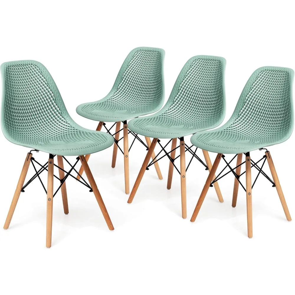 

Set of 4 Modern Dining Chairs, Outdoor Indoor Shell PP Lounge Side Chairs with Mesh Design, Beech Wood Legs, Tulip Leisure Chai