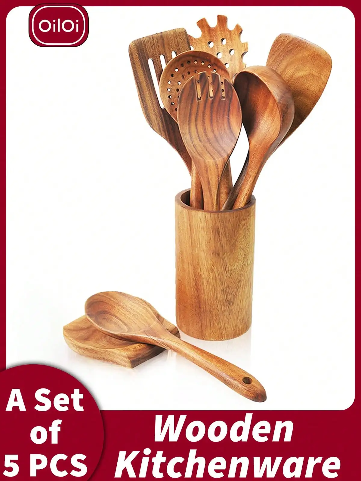 

5-częściowy деревянный набор кухонных принадлежностей премиум-класса (кухонная ложка с деревянным узором) - Набор кухонной утвари из натурального тикового дерева с эргономичным рисунком