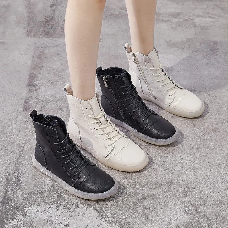 GKTINOO Genuine Leather Cow Women Ankle Boots White Sneakers Lace-up Comfortable Short Booties Autumn Winter Shoes Non-slip