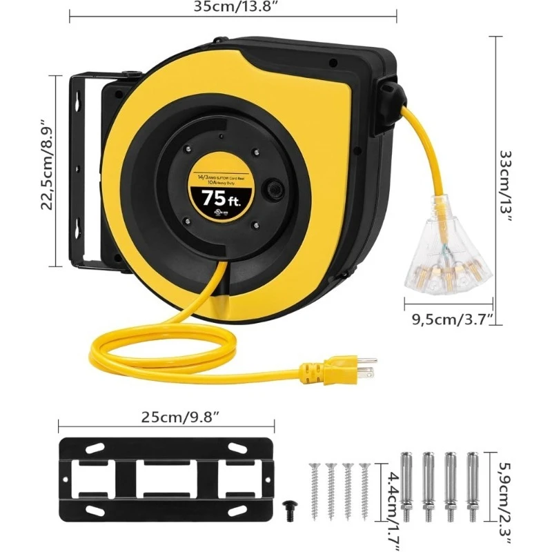 بكرة سلك تمديد قابلة للسحب 75 قدم شديدة التحمل 14AWG 3C SJTOW منفذ ثلاثي مع قاطع دائرة جدار سقف جبل UL #6