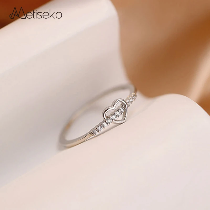 Metiseko Real 925 Sterling Silver Women's Heart Shape Ring with Cubic Zirconia Band Individual Style Ring for Lovers Gift Party