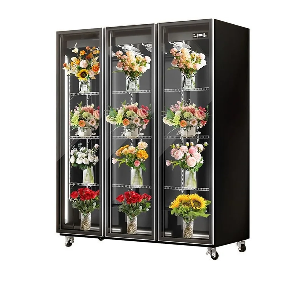 Frost- 2/3-Door Transparent Flower Preserver/Display Fridge for Florist Shop - Drain- Commercial Cabinet