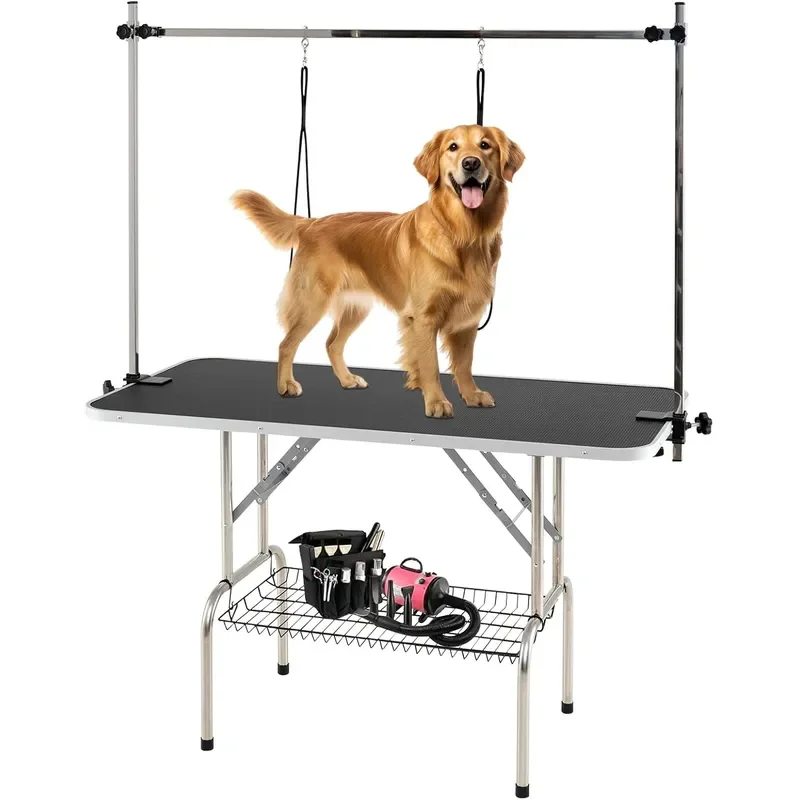 47 Inch Large Dog Grooming Table Adjustable Pet Grooming Stand with Arms Nooses Mesh Tray Foldable Pet Station at Home 330
