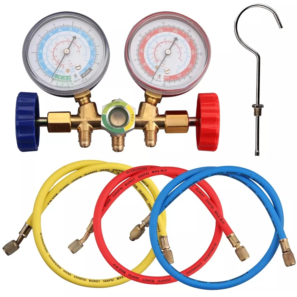 

R134a R404A R12 R22 A/C Refrigeration Manifold Gauge Clear Hose Coupler Set