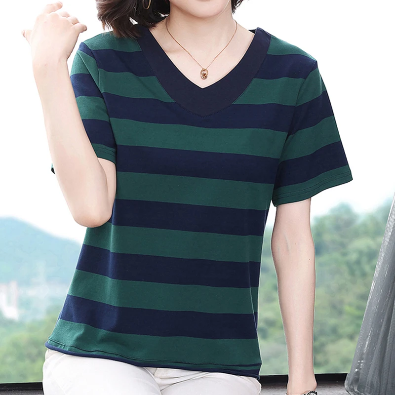 V Neck Cotton T Shirt Women Striped Tee Shirt Femme Short Sleeve Tshirts Loose Tops Female 2023 Summer Casual Clothes Camisetas