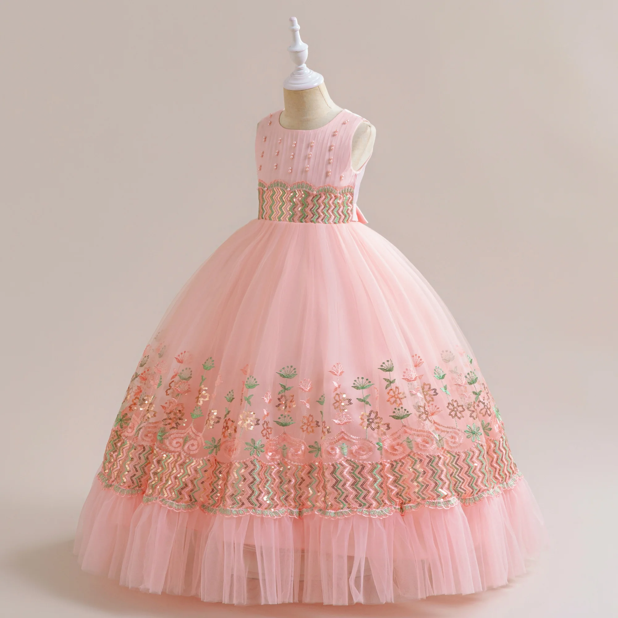 Vestido de princesa de lentejuelas rosas para niñas y adolescentes, elegante vestido Formal de cumpleaños, bautismo, tutú para niños, vestido largo sin mangas para baile de graduación, ropa con lazo