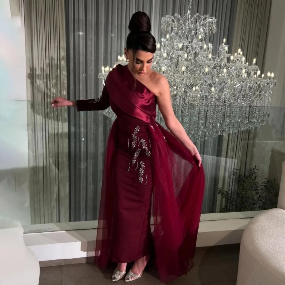 

Customized Exquisite One Shoulder Ruched Women Prom Dress Ruched Charming Mermaid Beading Party Dress Sexy Ruffles Evening Gown