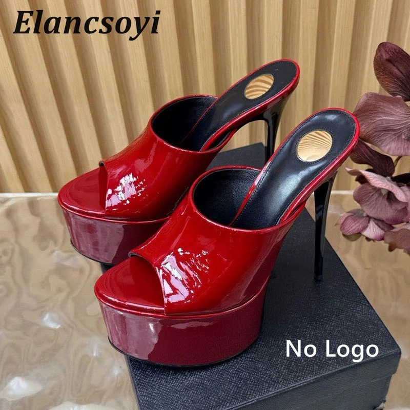 Waterproof table slippers for women shiny leather with exposed toes slim high heels thick soled sandals summer sexy party shoes