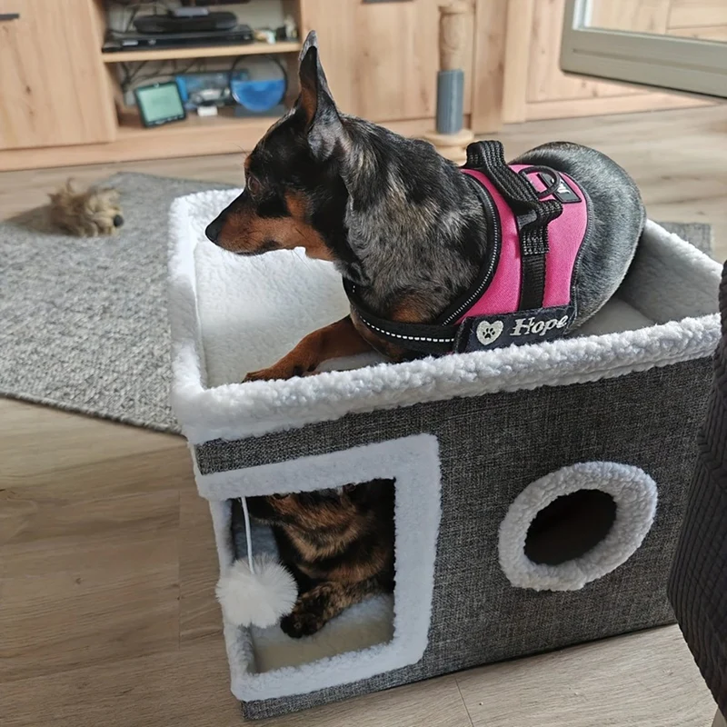 4-Season Multi-Level Cat House - Indoor Foldable ,Cat Cave Design Scratching Board & Warm Cat Bed Non-Slip Base 30LB-AD23