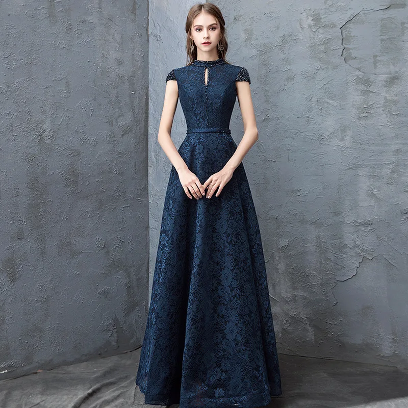 Evening Dress Women's New Adult Atmosphere Stand-up Collar Navy Blue Host Banquet Chorus Performance Long Dress Designer Party