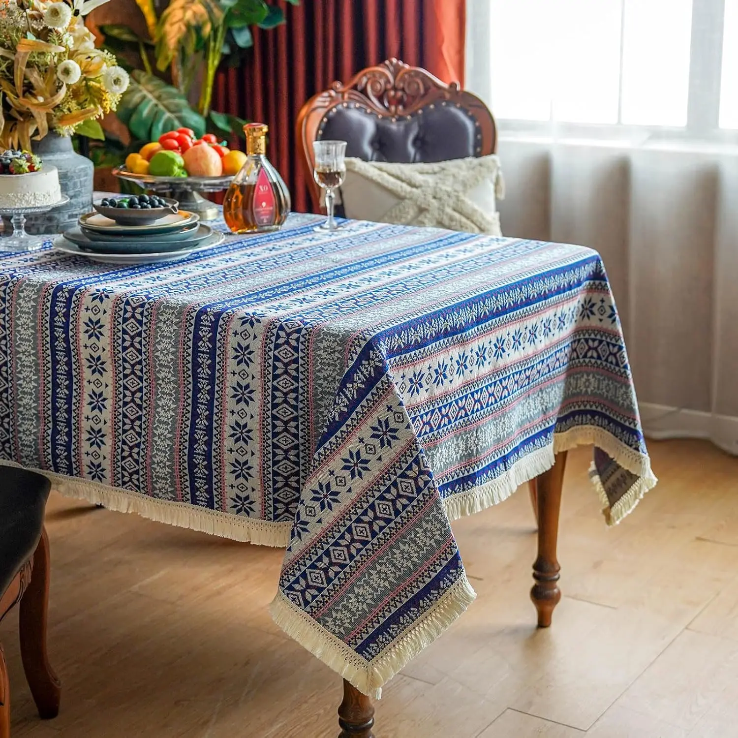

Хлопково-льняная скатерть с цветочным кружевом и кисточками, пылезащитная, в деревенском стиле, прямоугольная, для обеденного стола, домашний декор