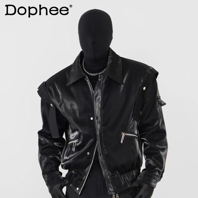 

Fashion Metal Glossy Short Style Coats Male Shoulder Padded Chic Jackets Men's 2025 Spring Autumn New High-end Multi-zipper Tops