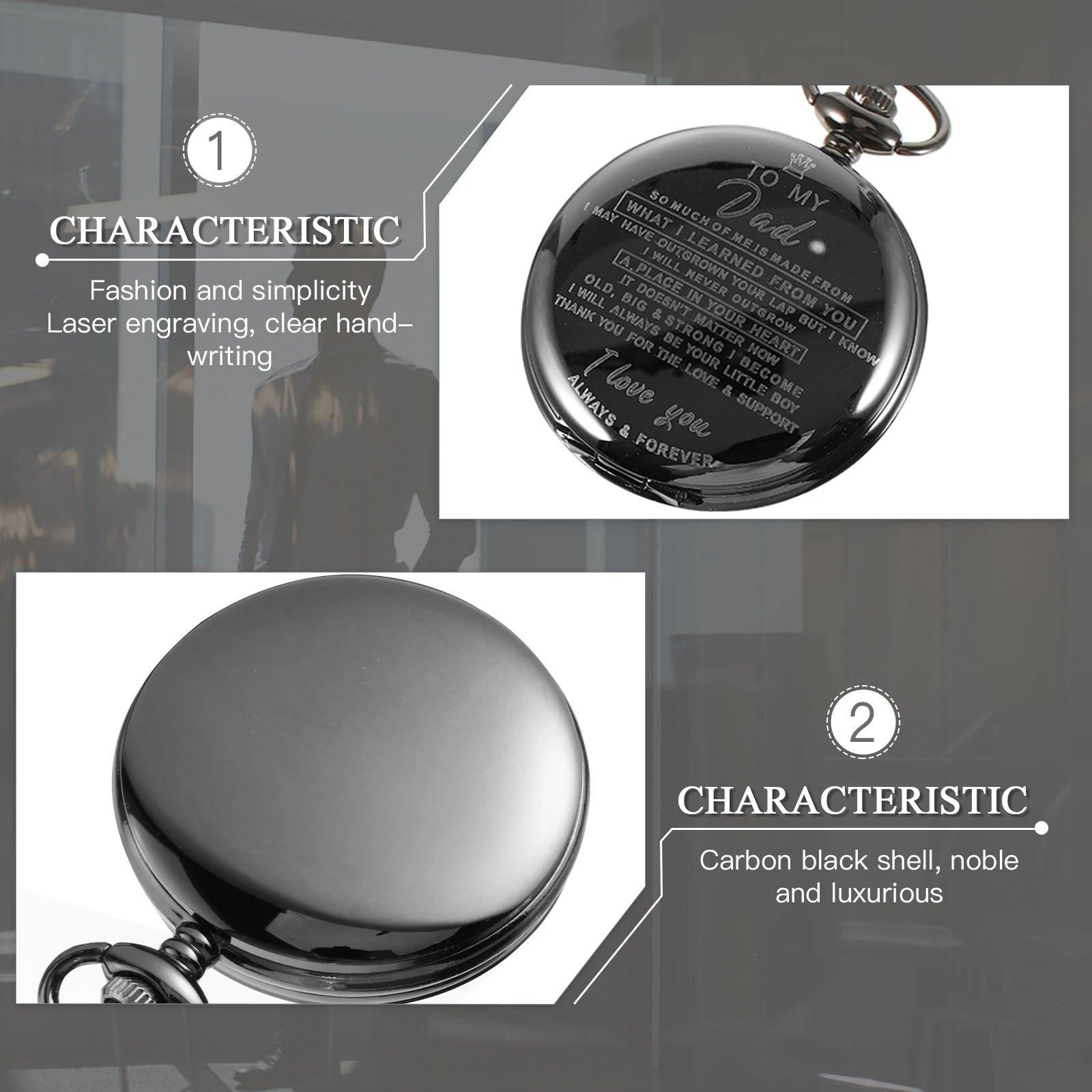 

Laser Engraved Pocket Watch Gifts Vintage Metal Quartz Movement Unisex Chain Pendant Clear Marking 3D Design Practical Letter