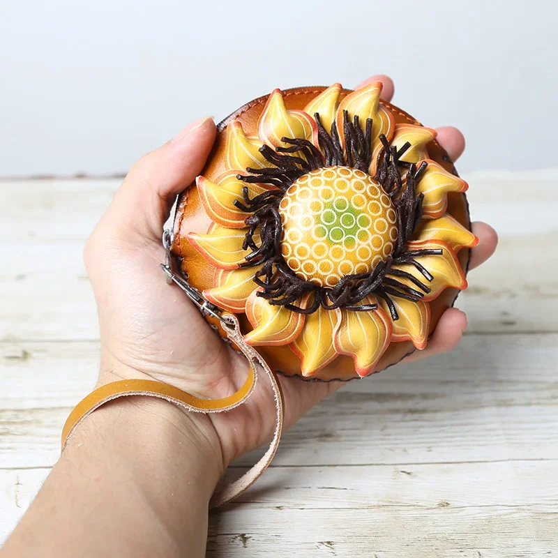 Head Layer Cowhide Sunflower Coin Purse Sunflower Cowhide Card Key Coin Bag Flower Children's Handbag