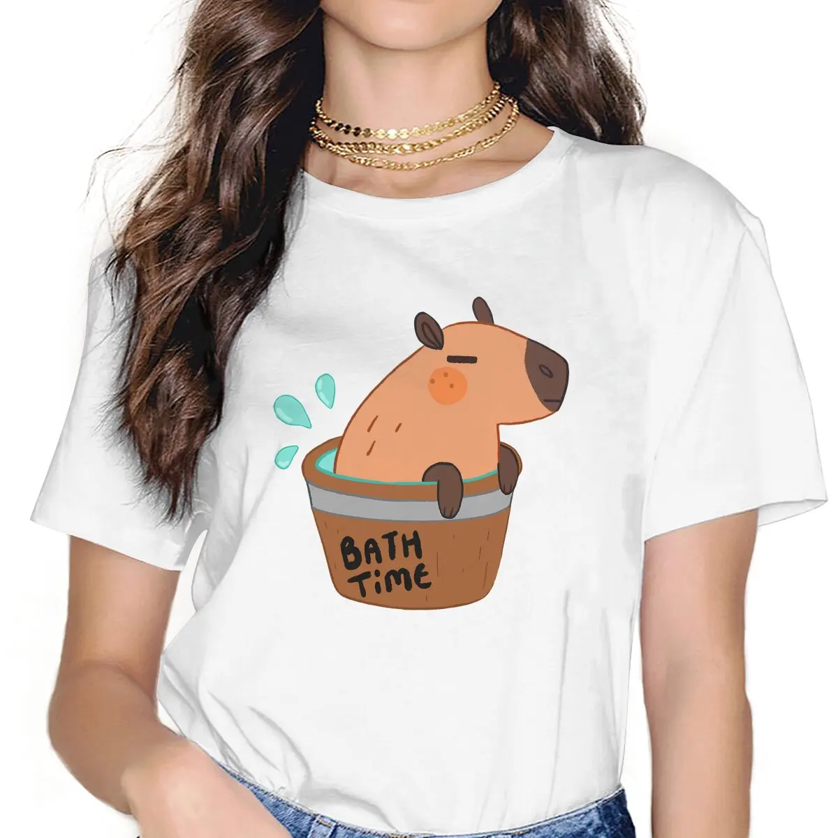 Bath Time Women TShirt Capybara Animal Girls Y2k Basic Tees O-neck Polyester Female T Shirt Funny Gift