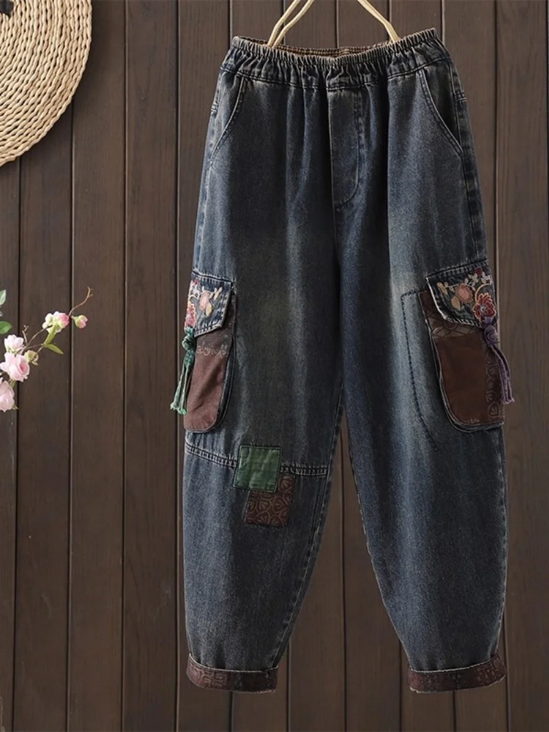 

Женские джинсы с карманами и вышивкой в этническом стиле в стиле ретро, свободные брюки-шаровары большого размера с вышивкой на весну W404