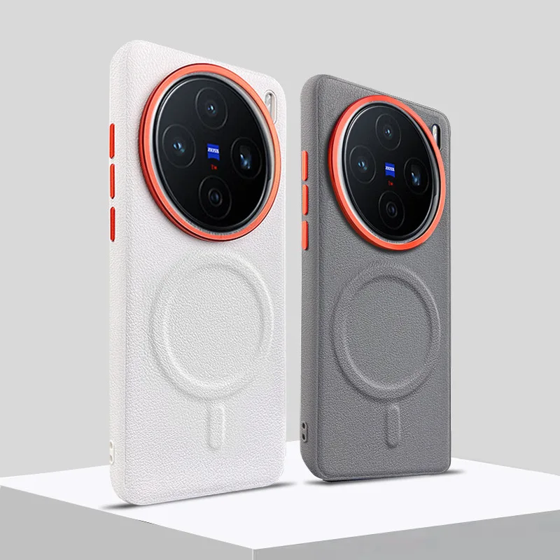 

For VIVO X100 Ultra Premium Grey Leather Magnetic Charging Case for VIVO X100S Alloy Independent Button Lens Protection Cover