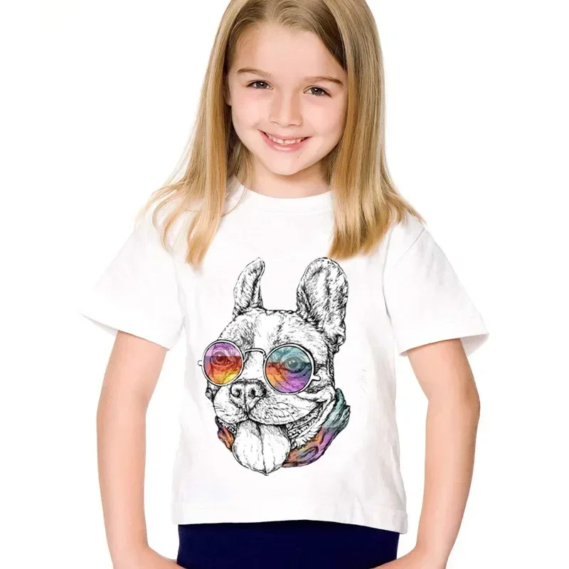 Children Fashion Print French Bulldog Funny T-shirts Kids Summer Short Sleeve Tees Boys/Girls Casual Tops Baby Clothes,