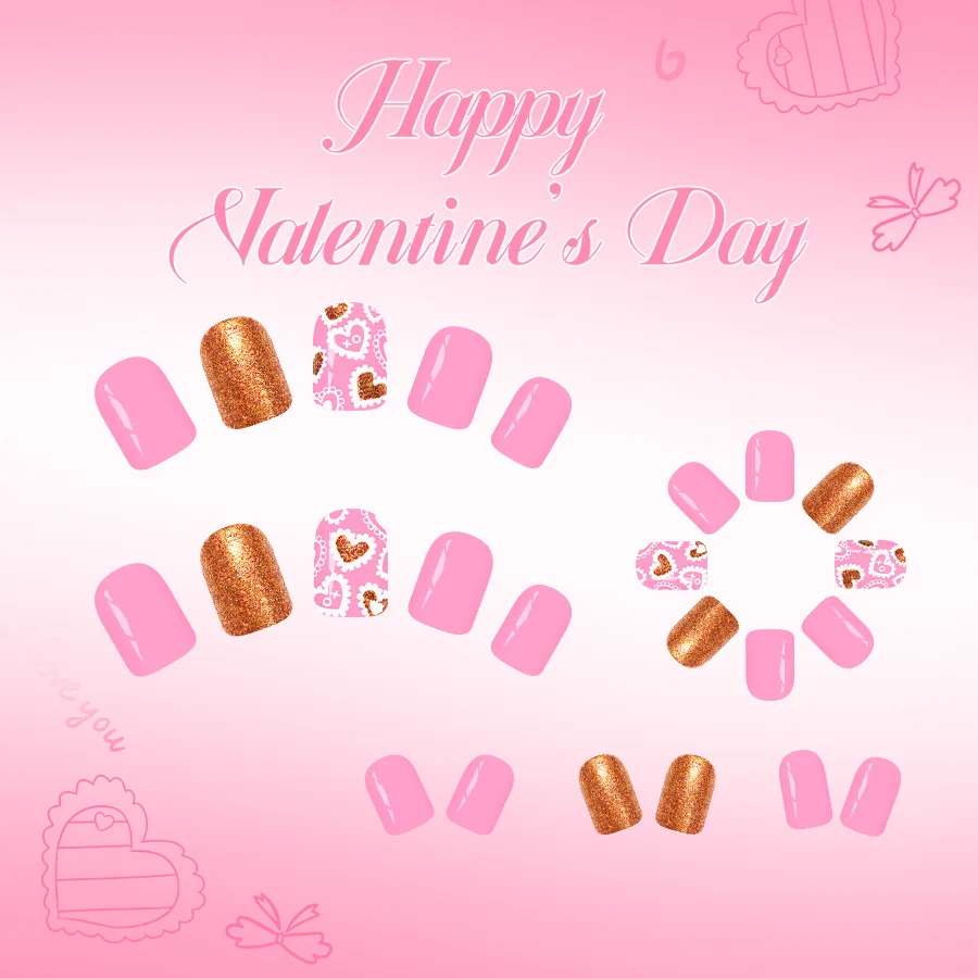 24 pièces faux ongles carrés courts saint valentin doux rose blanc coeurs or paillettes faux ongles avec colle réutilisable presse sur les ongles