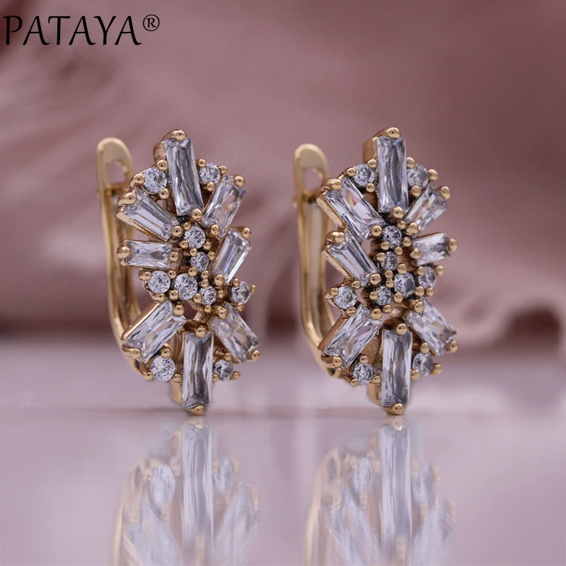 PATAYA Luxury Champagne Gold Color Flower Daily Earrings for Women Green Natural Zircon Accessories Vintage Wedding Jewelry