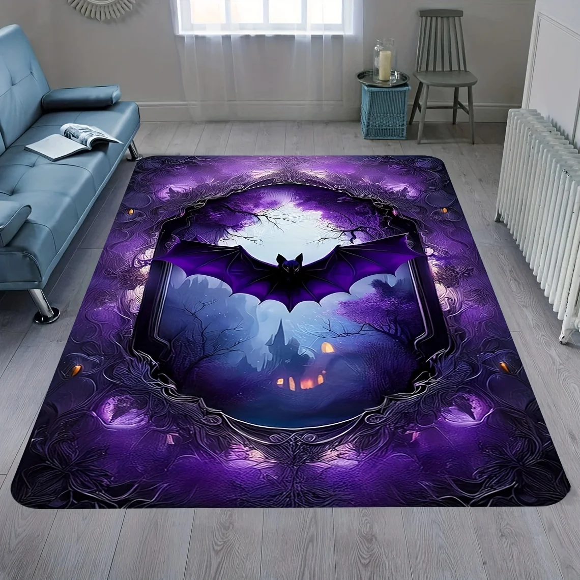 1pc Mystical Purple‑Night Bat‑Moon Gothic Print Area Rug, Non‑Slip Hand‑Washable Floor Mat for Bedroom, Living Room, Office