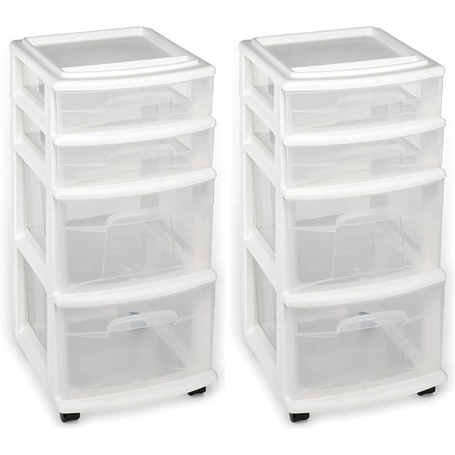 Clear Plastic 4 Drawer Medium Storage Container Tower, and Removeable Caster Wheels, White Frame (2 Pack)