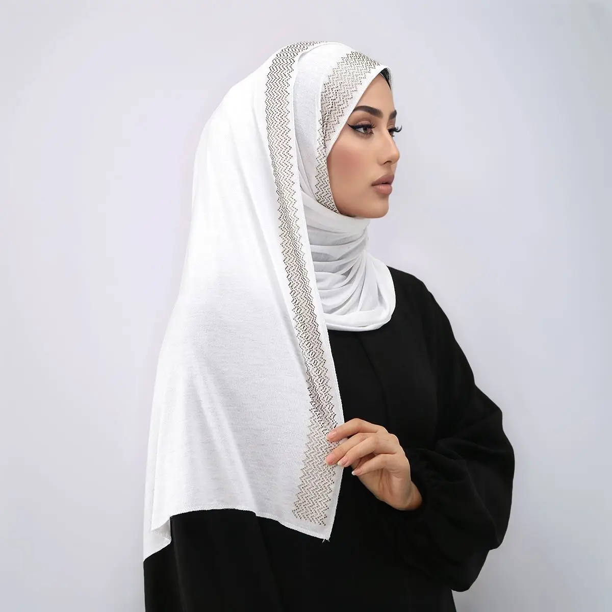 New Solid Rhinestone Mercerized Cotton Long Scarf for Women, Ethnic Style Versatile Headwrap, Simple Fashion Cross Border