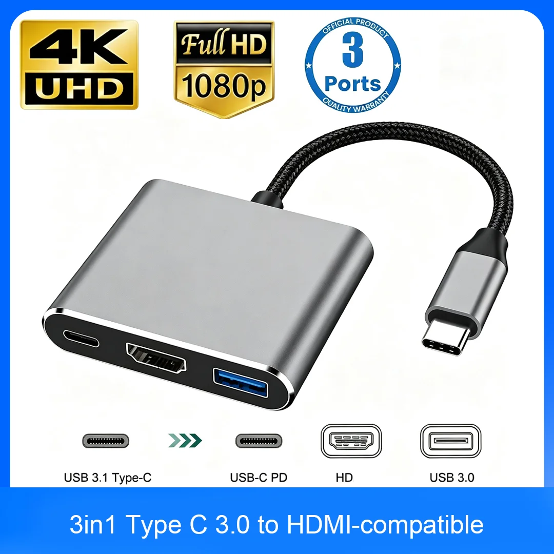 4K 1080P Type C To HDMI-compatible/ Usb 3.0/ Type C 3 in 1 Cable Converter Thunderbolt 3 Switch to HDMI-compatible Adapter Cable