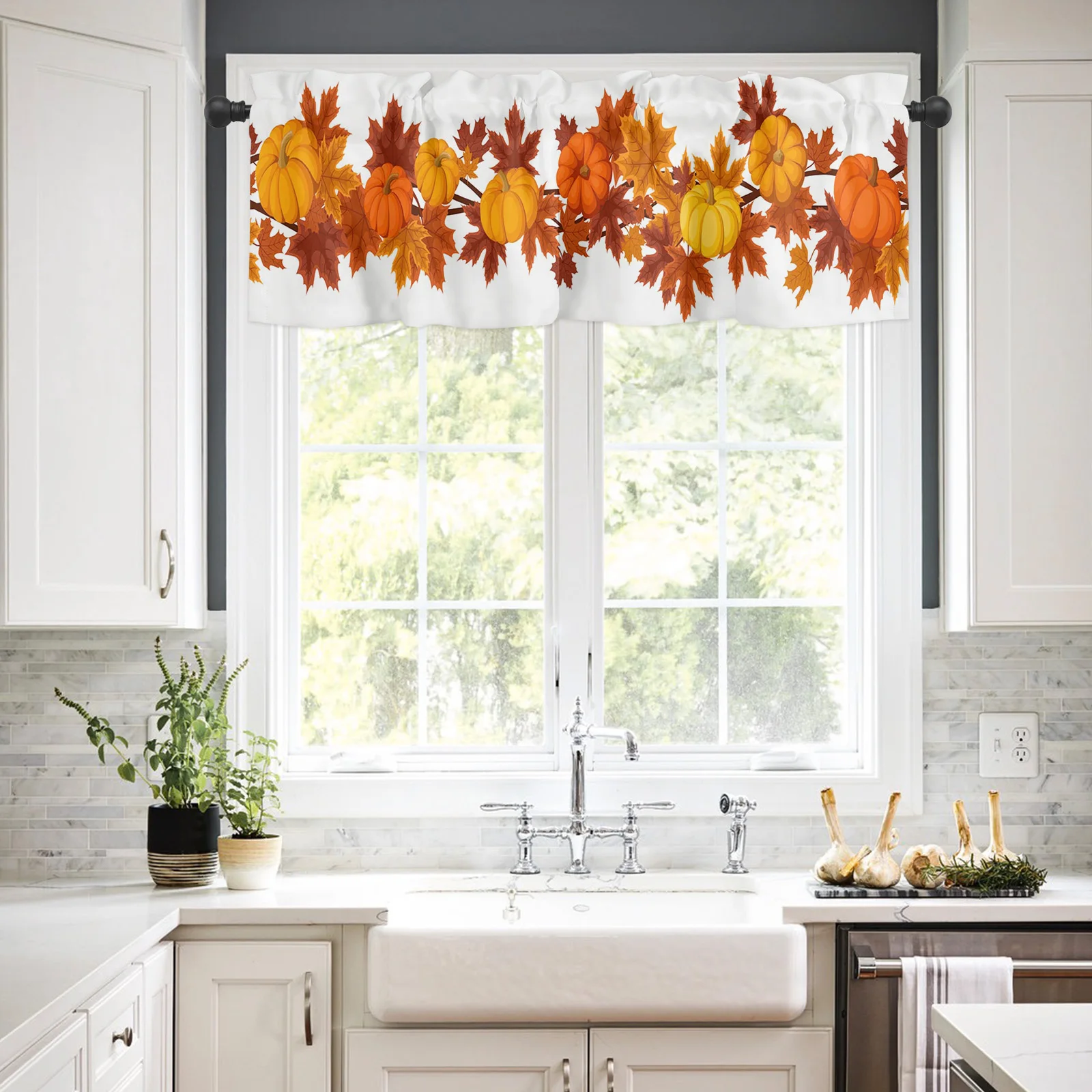 Fall Autumn Kitchen Orange Maple Leaves Window Curtain Thanksgiving Harvest Leaf Short Rod Pocket Treatment Living Room Decor