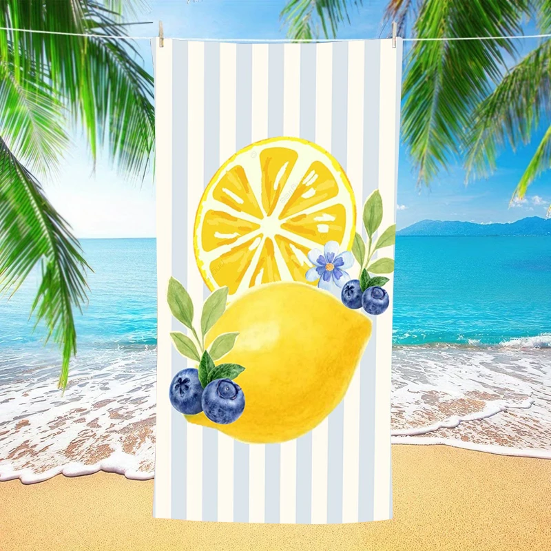 Lemon Blueberry Beach Towel Blue Stripe Watercolor Fruit Microfiber Quick Dry Oversized Summer Pool Vacation Travel Towel Gift