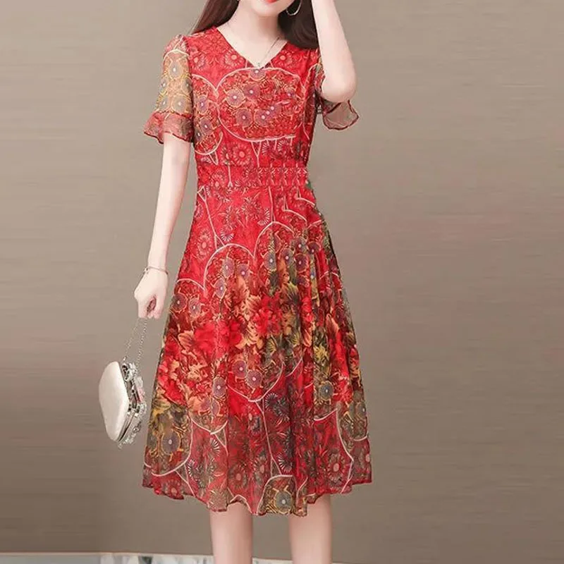 2023 Summer New Gauze Fashion Printed Loose Refreshing Short Sleeve V-Neck Medium and Long High Street Waist Knee-length Dresses