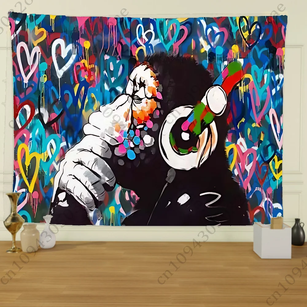 B-Banksy Street Graffiti Art Tapestry Creative Pattern Photo Living Room Wall Art Tapestry Decor Party Outdoor Decorate Banners
