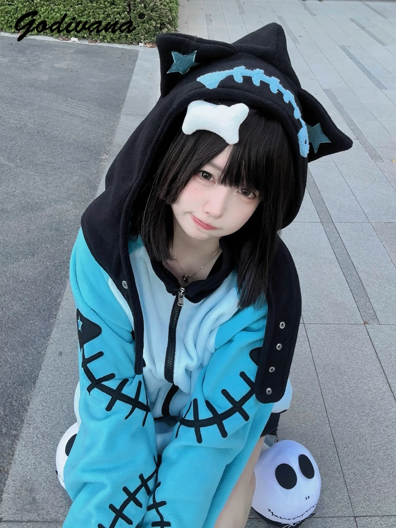 Original New Autumn and Winter Fishbone Embroidered Plush Kitten Coat Subcultural Girl Female Removable Cat Ear Hat Furry Jacket