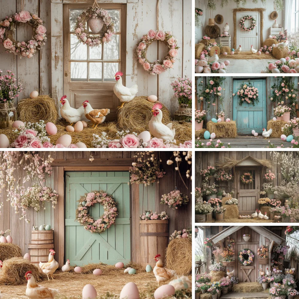 

Easter Decoration Photography Backdrop Spring Flower Tree Wood Door Eggs Baby Shower Portrait Birthday Party Photo Background