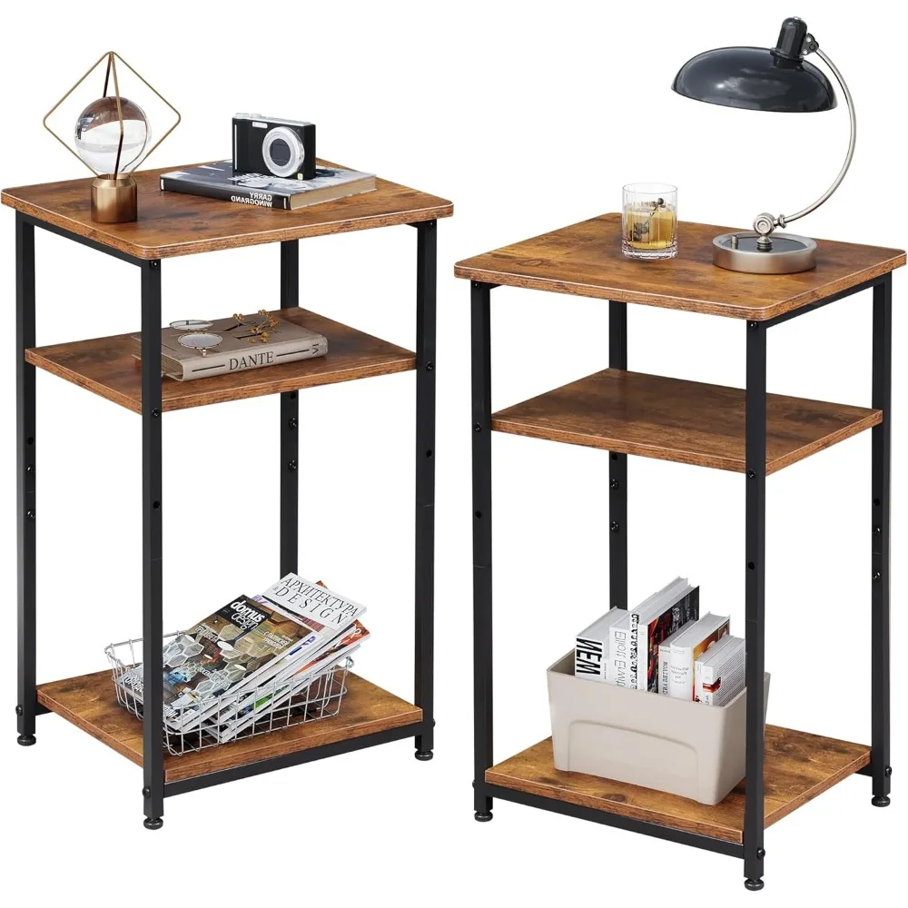 

End Tables Living Room Set of 2, Small End Table for Two, Narrow Side Table for Bedroom, Home Office, Small Spaces, 3-Tier