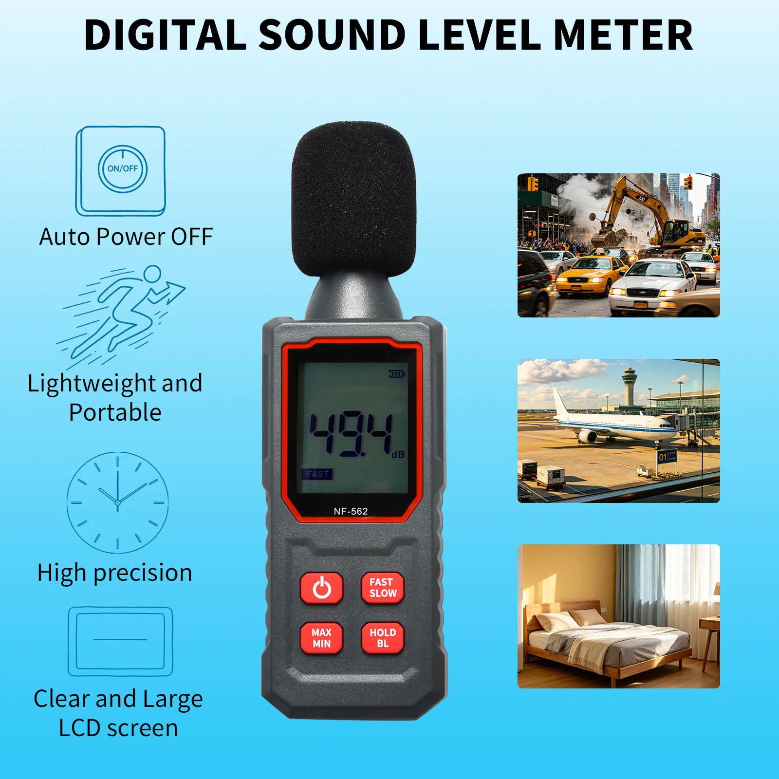 Handheld Digital Sound Level Meter with Backlight LCD, 30-130dB Noise Tester for Home Office Factory Construction Site
