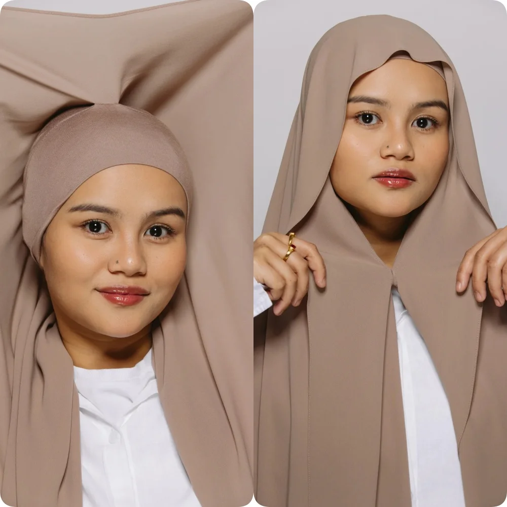 Hot Sale Premium Instant Chiffon Hijab With Bulit-in Magnets Solid Color Easy To Wear Shawl Wrap with Undercap for Muslim Women