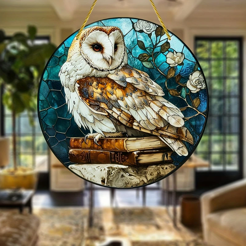 Western Barn Owl Art Stained Window Hanging Sun Catcher Sunshade Bird Lover Sign Gift for Family Friends Acrylic Round Wreath