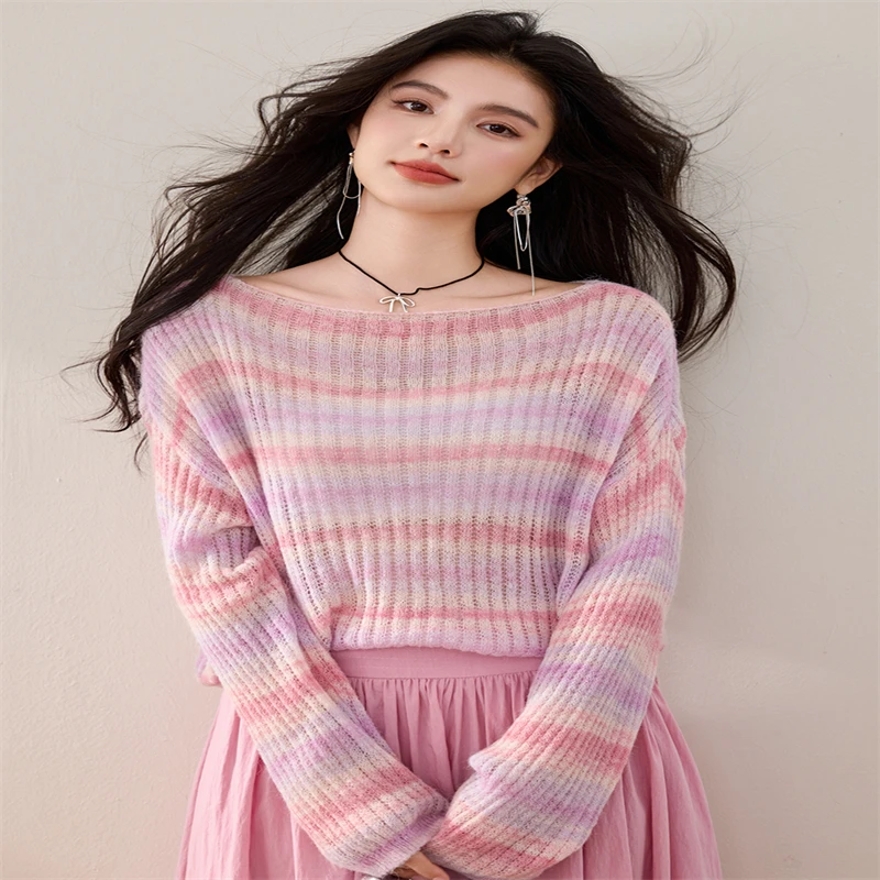 2024 Thirteen Row Autumn/winter Knitted Women's Sweater Base Layer Top Round Neck Color Blocking Striped Maillard Clothing Model