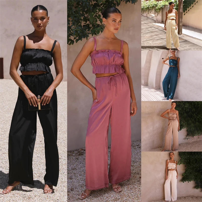 

New Spring/Summer Women's One Line Neck Strap Short Top+Elastic Waist Wide Leg Pants Fashion Two Piece Set For Women 6 Colors