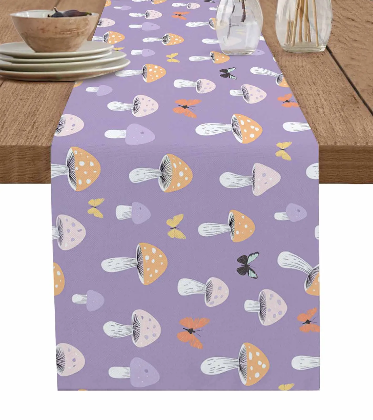 Mushroom Butterfly Hand Drawn Lines Table Runner Wedding Dining Table Decoration Table Runner Kitchen Dining Tablecloth