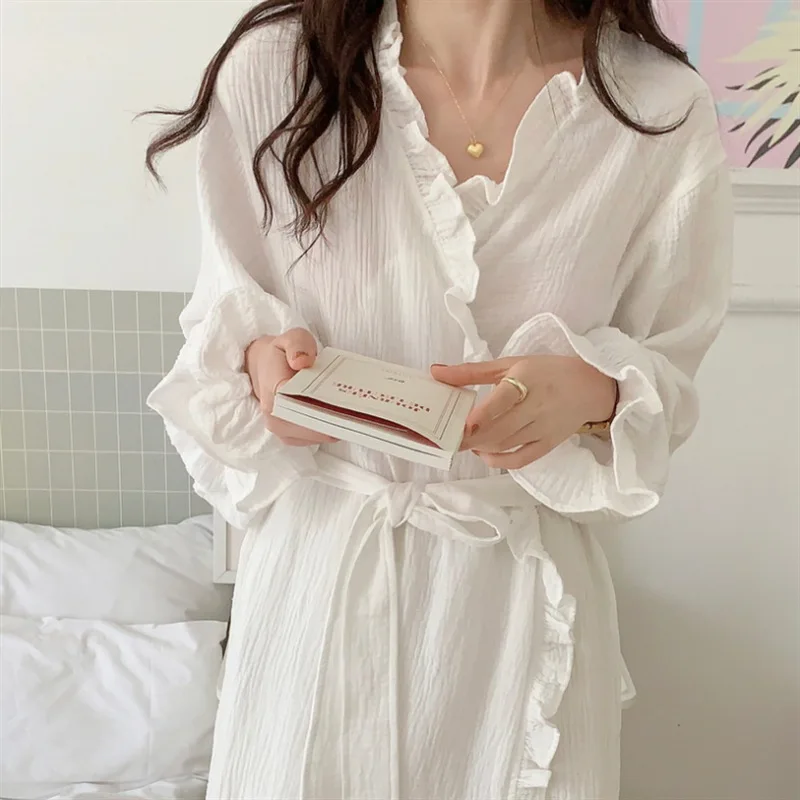Korean Instagram Women’s Autumn New KoreanStyle Gauze Robe Cardigan with Drawstring Comfortable Home Wear Set Including Hair Tie
