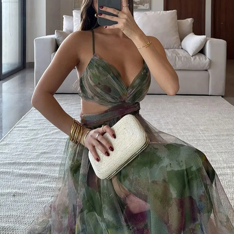 

New Pleated Mesh Hollow Out Evening Dress Elegant Sleeveless Pattern Print Party Long Dress Women Casual High Waist V Neck Dress